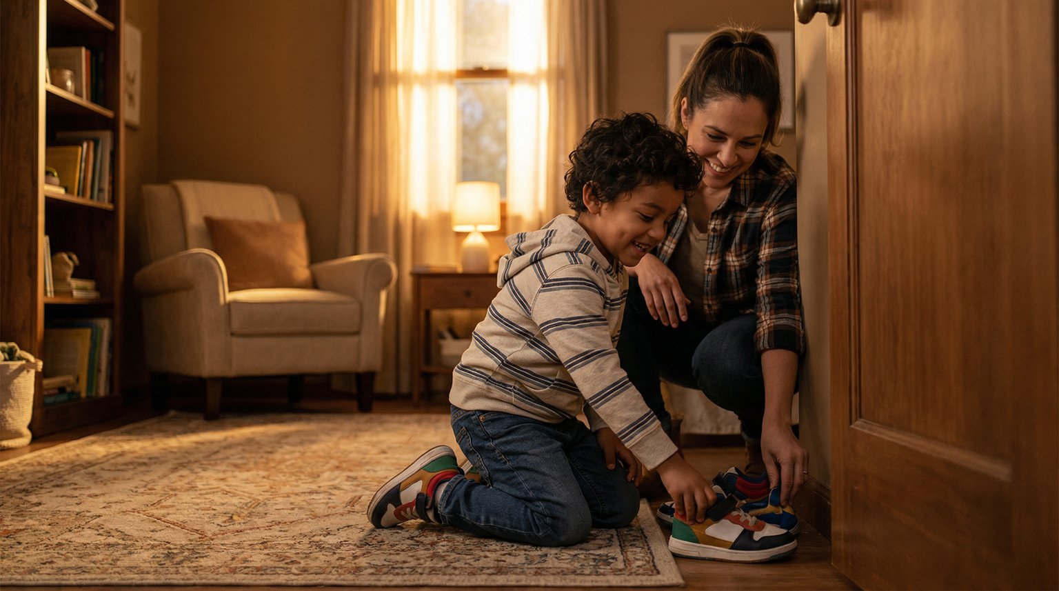 Young Latino child excitedly placing colorful sneakers by bedroom door while parent helps nearby