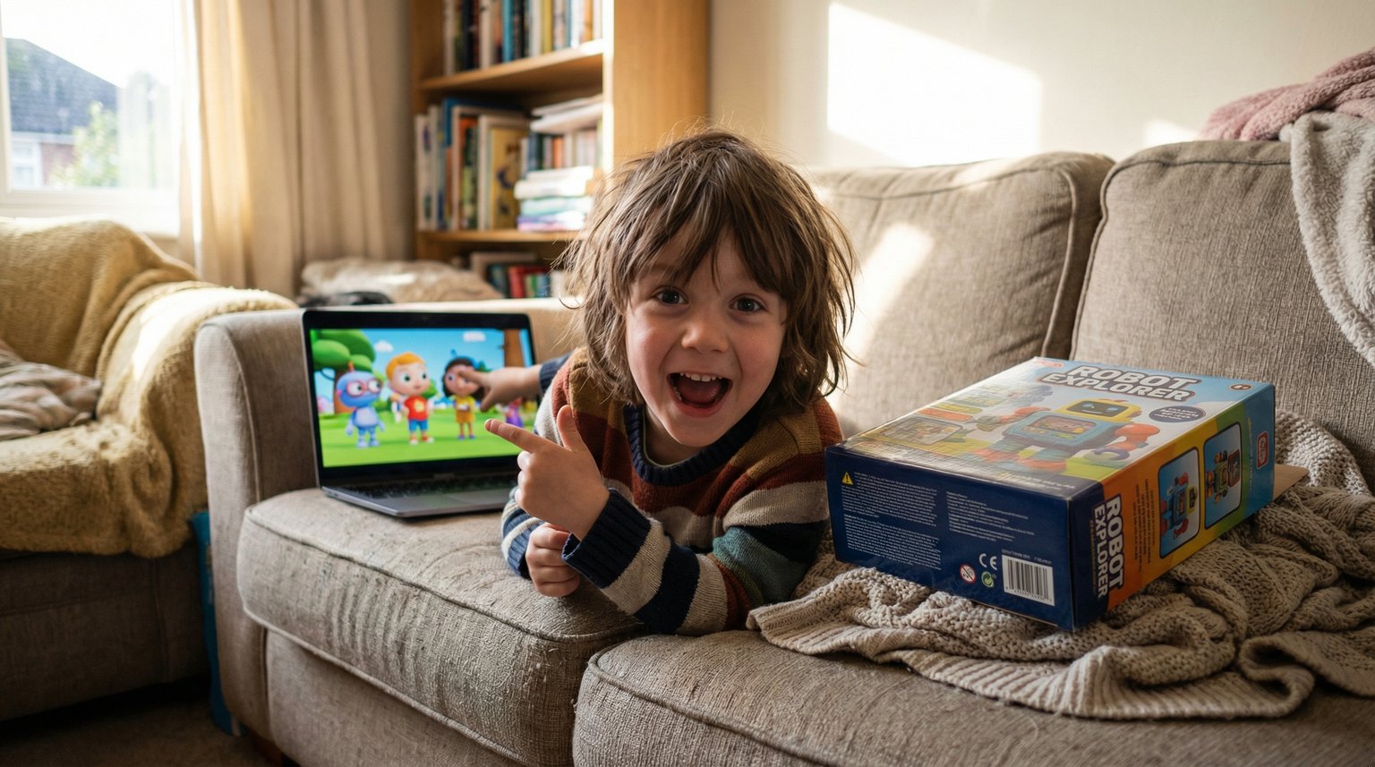 Young child excitedly pointing at laptop screen while unopened toy sits forgotten on couch beside them