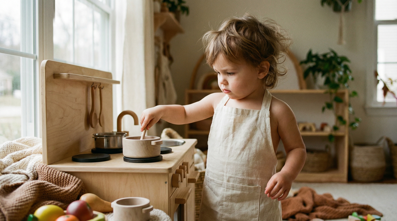 Toddler deeply engaged in pretend cooking at realistic toy kitchen set