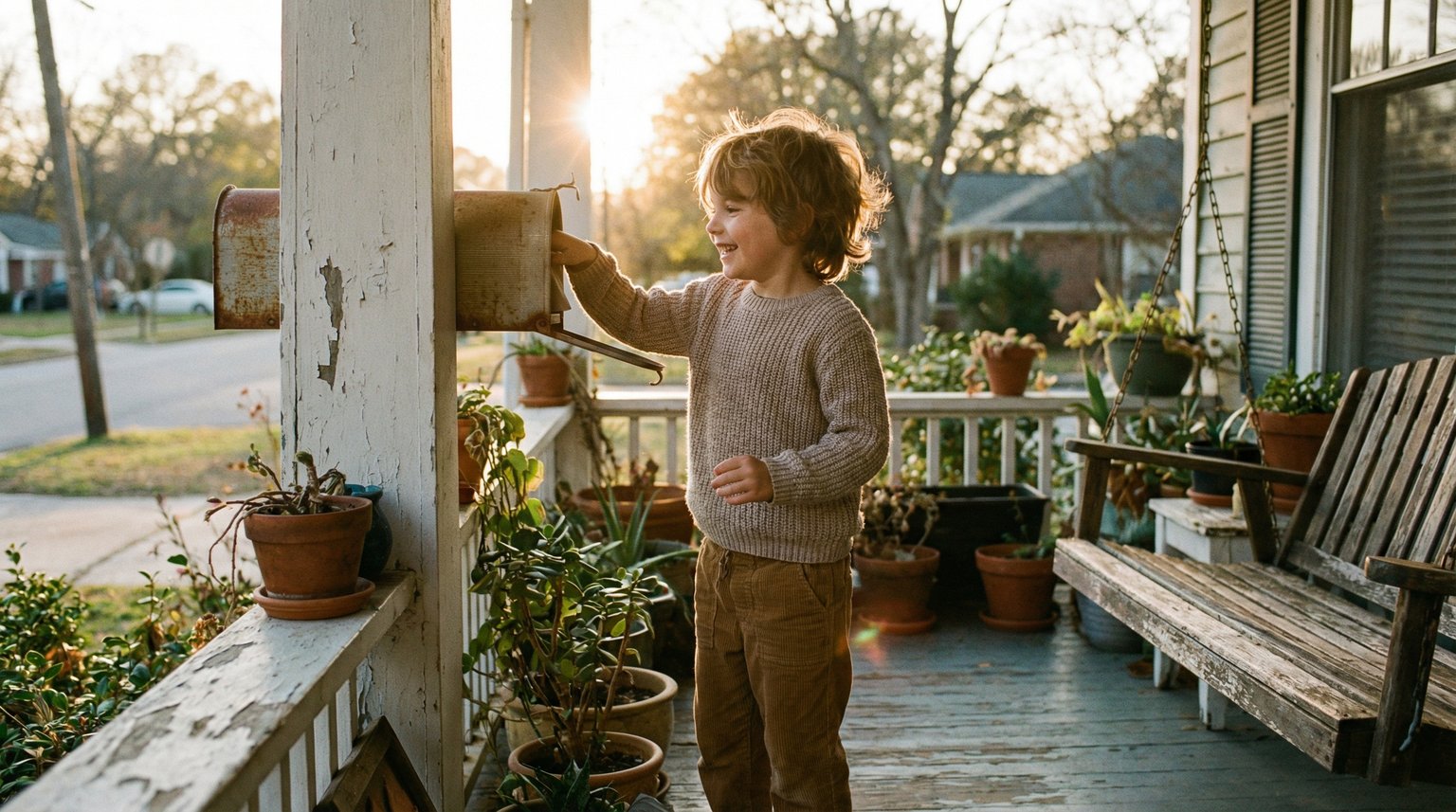Young child excitedly reaching into home mailbox during golden hour afternoon light