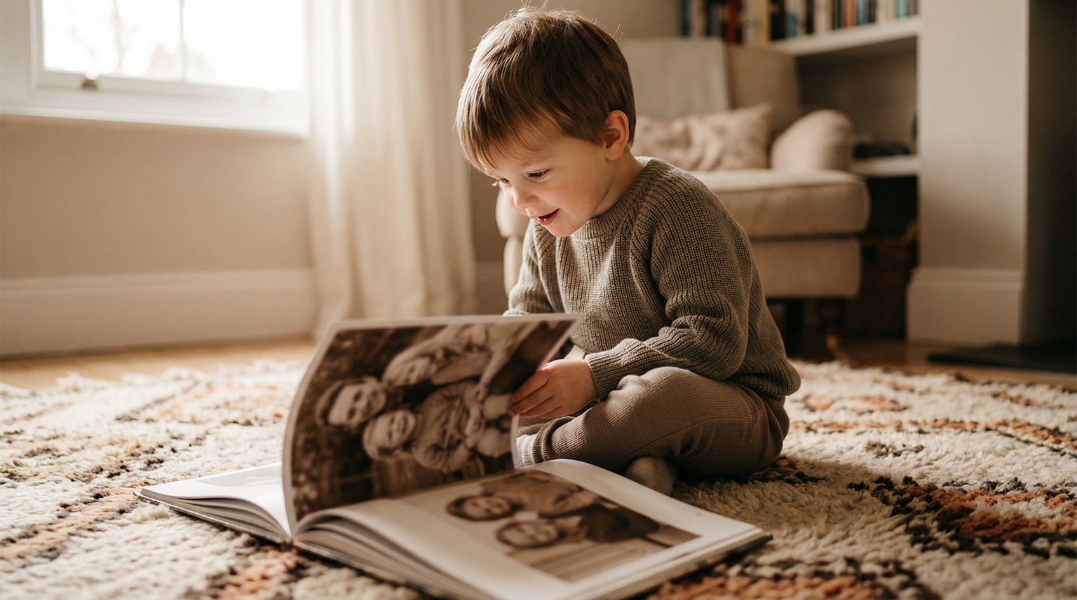 Young child sitting on living room rug absorbed in looking at family photo book with wonder