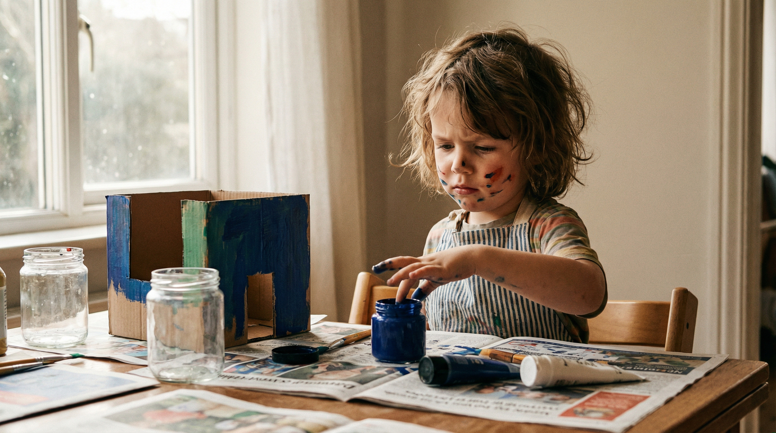 Five-year-old child thoughtfully selecting blue paint while making a craft project for someone else