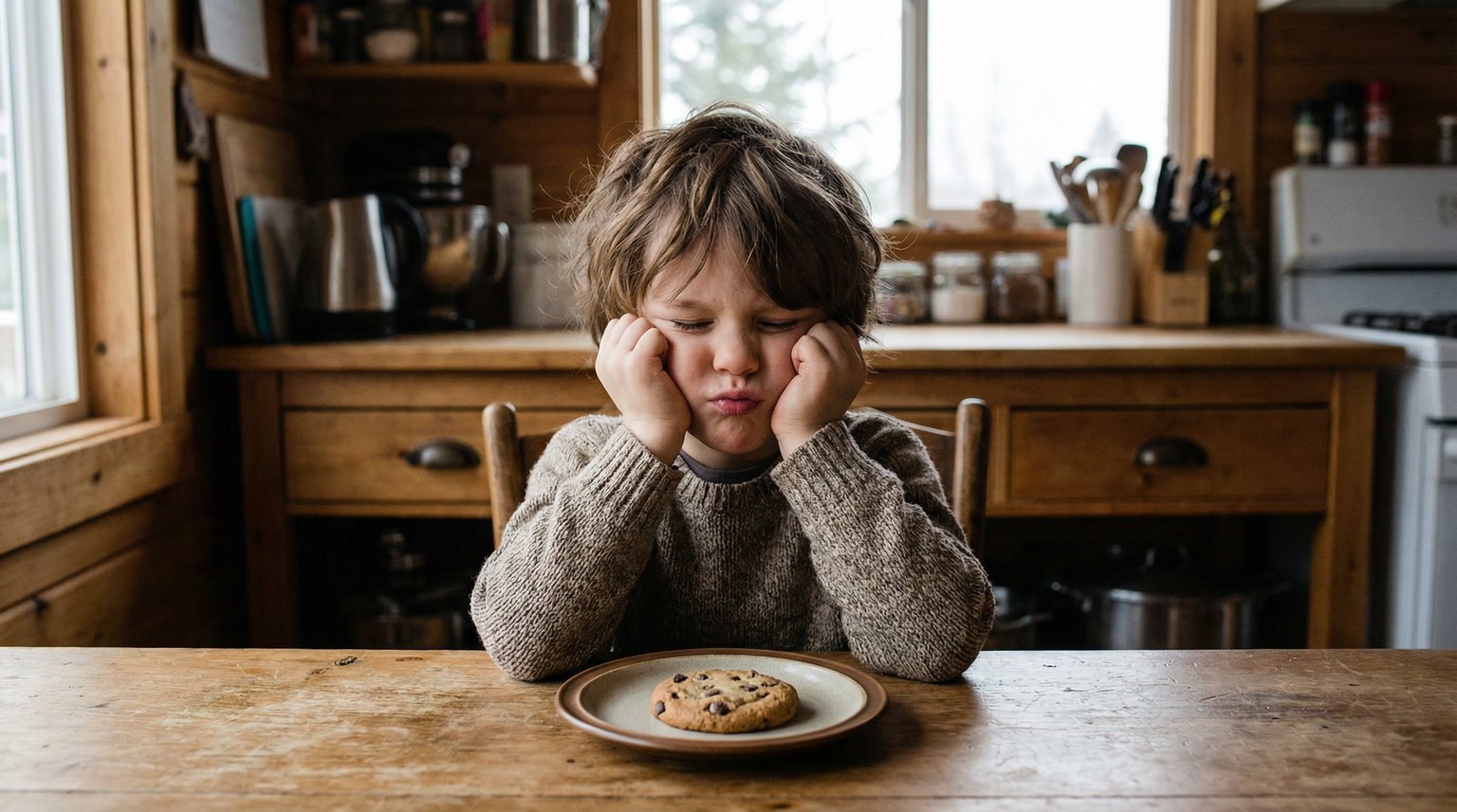 Five-year-old with hands pressed against cheeks and eyes squeezed shut in concentration, trying to resist a treat