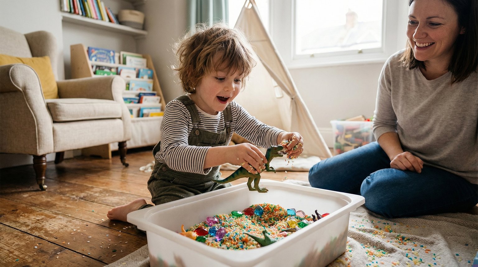 Child excitedly discovering hidden toy dinosaur in homemade sensory bin