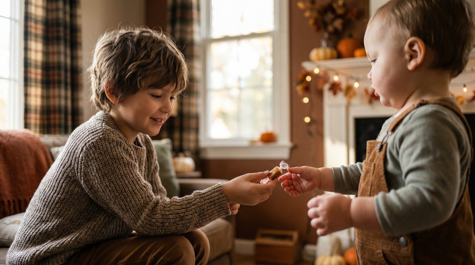 Young child warmly handing Halloween candy to toddler sibling in cozy living room with autumn decorations