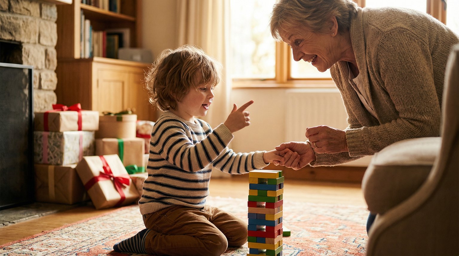 Young child excitedly showing grandmother a handmade craft project in cozy living room