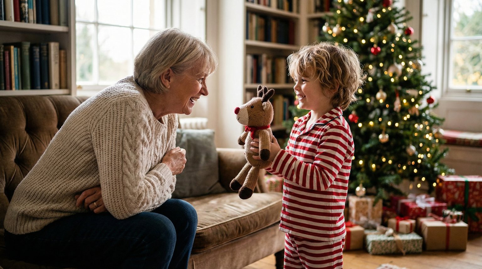 Young child in cozy pajamas holding up new toy to show grandma with genuine eye contact and warm smiles