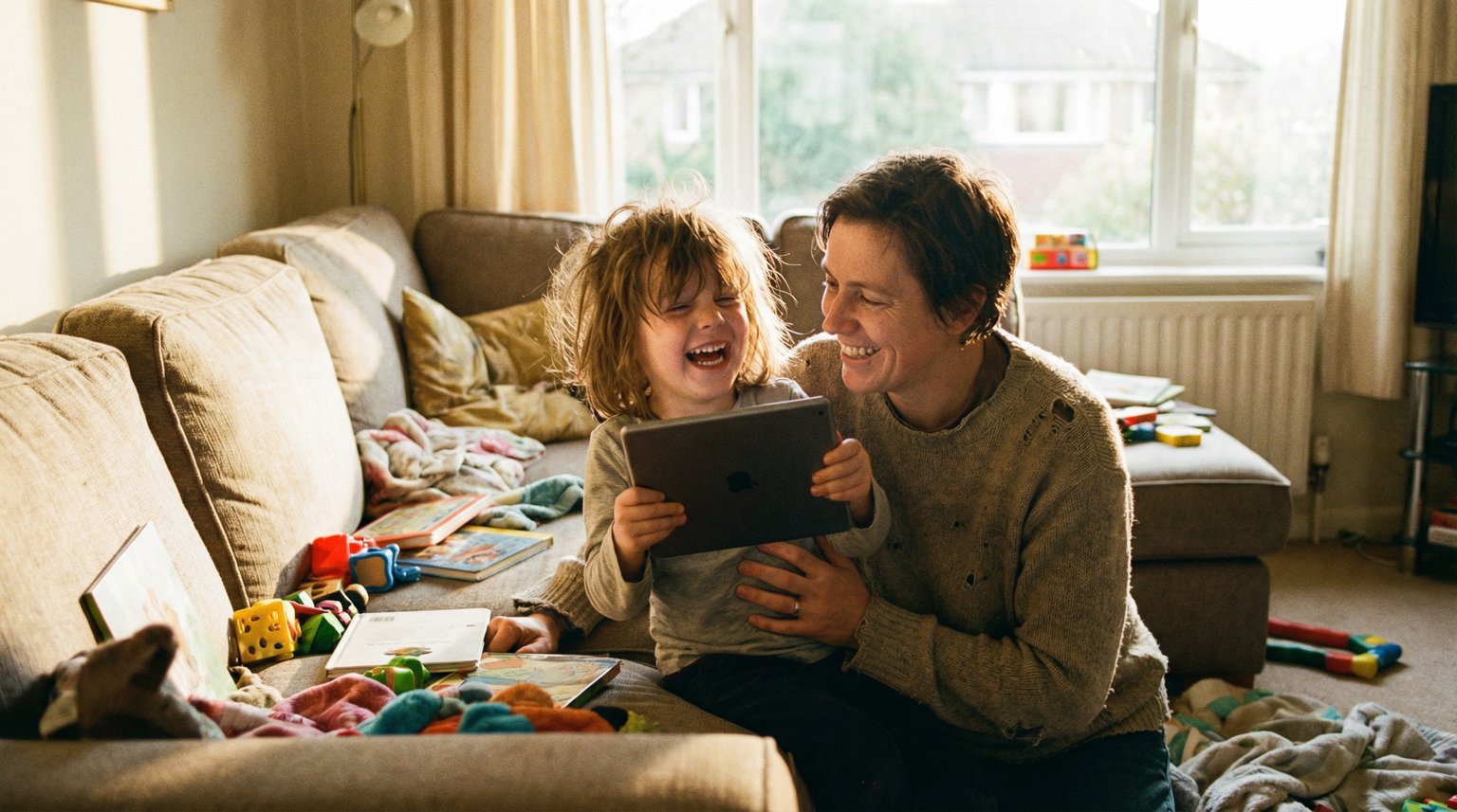 Child around age six laughing while showing parent something on tablet, parent smiling and engaged, bright natural daylight