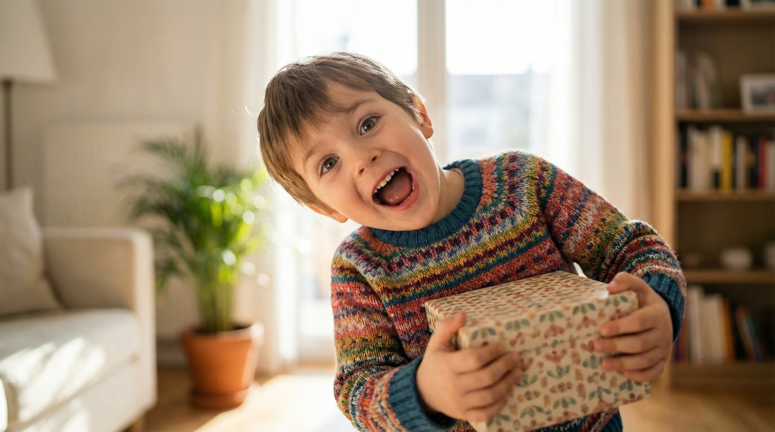 Young child making delighted surprised face while holding wrapped gift box