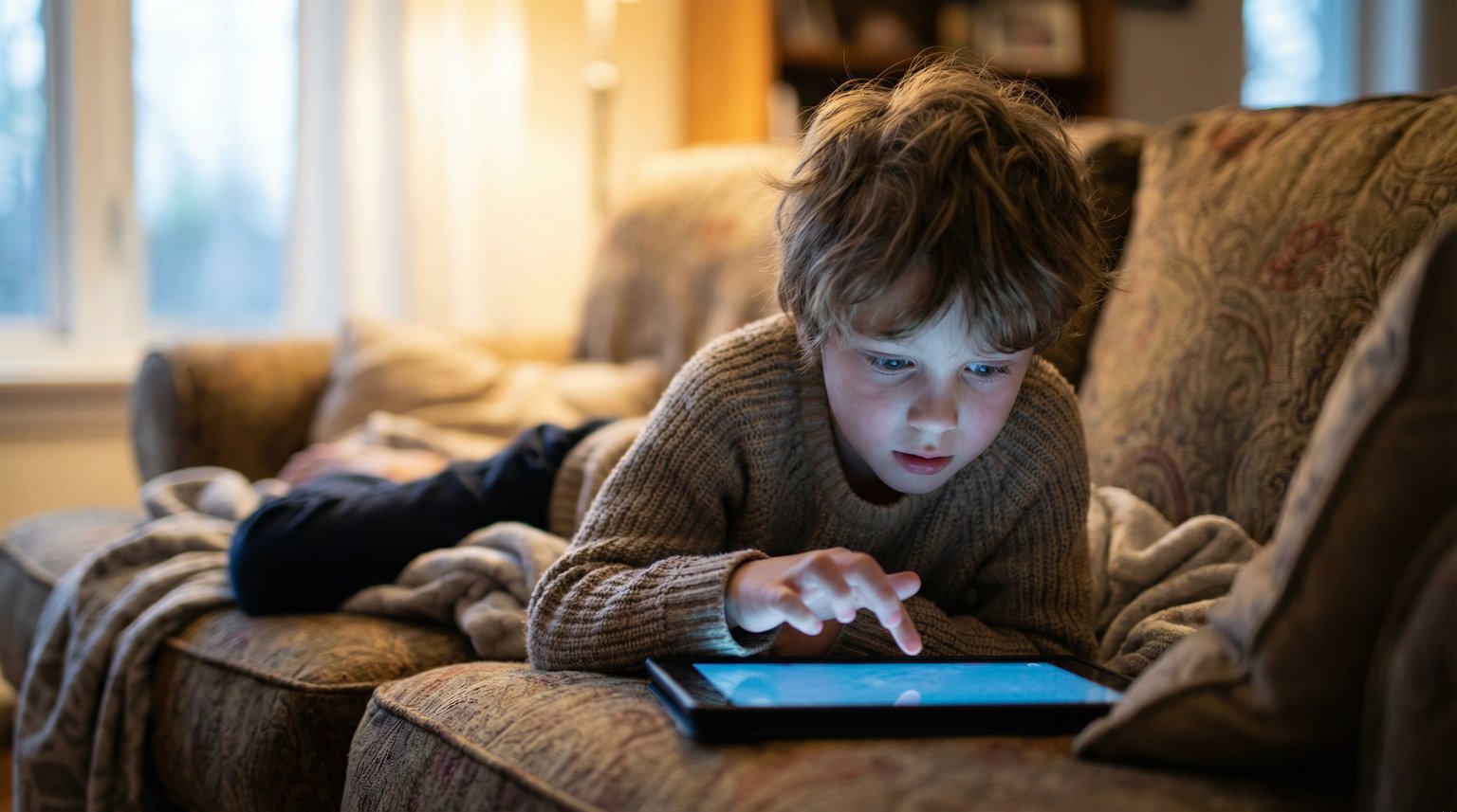 Young child on couch illuminated by tablet glow with finger ready to tap screen