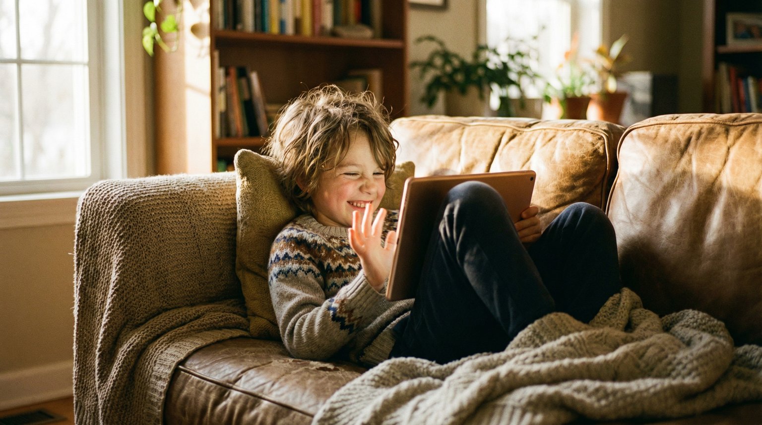 Child sitting on cozy couch holding tablet and smiling genuinely at screen like greeting a friend
