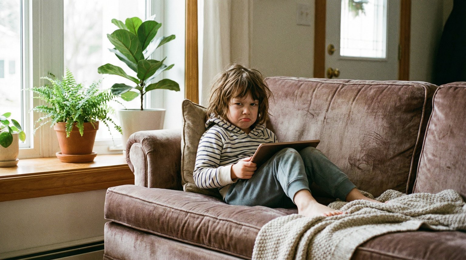 Young child on couch holding tablet with impatient expression waiting for delivery update