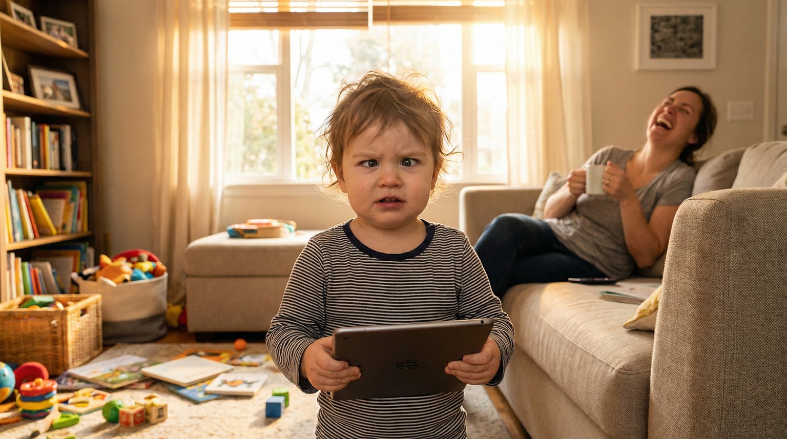 Young child making silly face holding tablet upside down while parent laughs