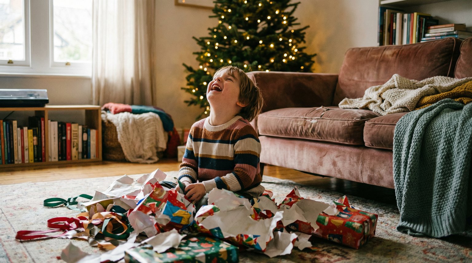 Young child surrounded by torn wrapping paper and ribbons laughing with genuine delight