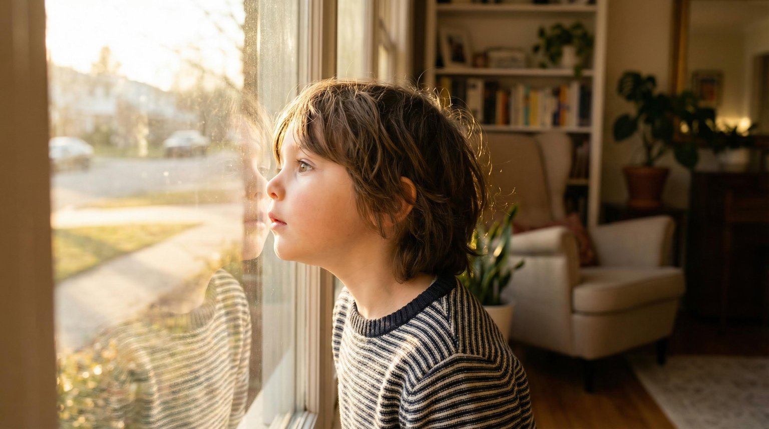 Young child pressing face against window looking outside with hopeful anticipation in warm afternoon light