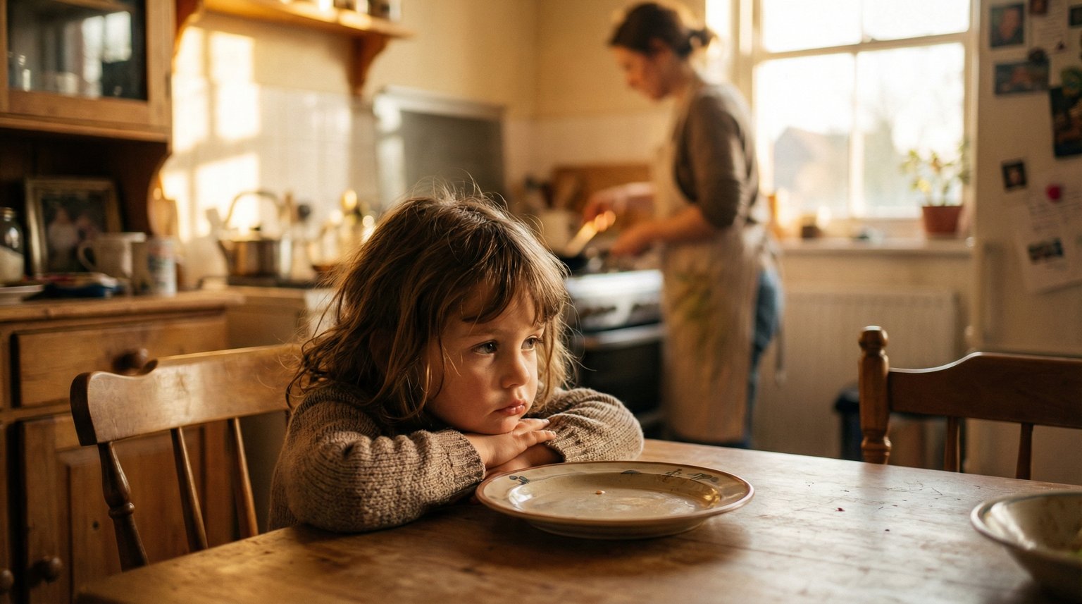 Four-year-old girl with chin on hands staring at empty plate while parent prepares dinner in background