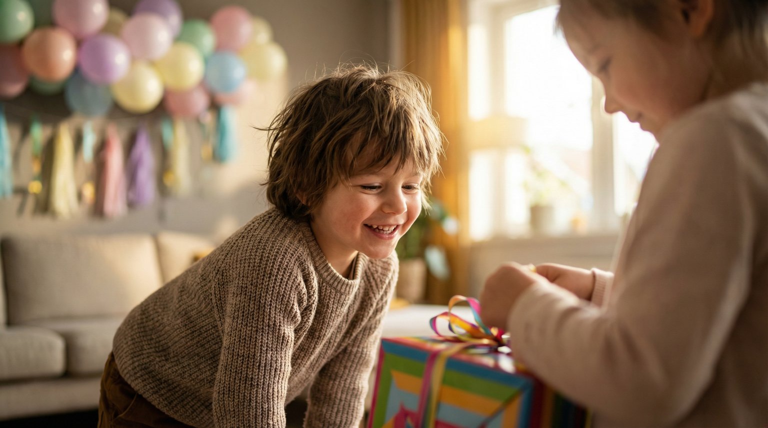 Five-year-old child watching with delight as friend opens birthday gift at party