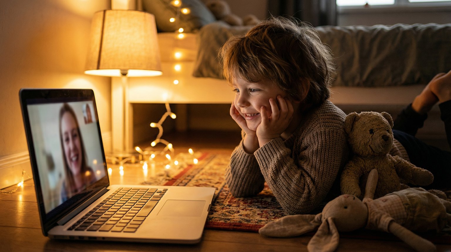 Young child lying on bedroom floor watching laptop with soft smile like watching a friend