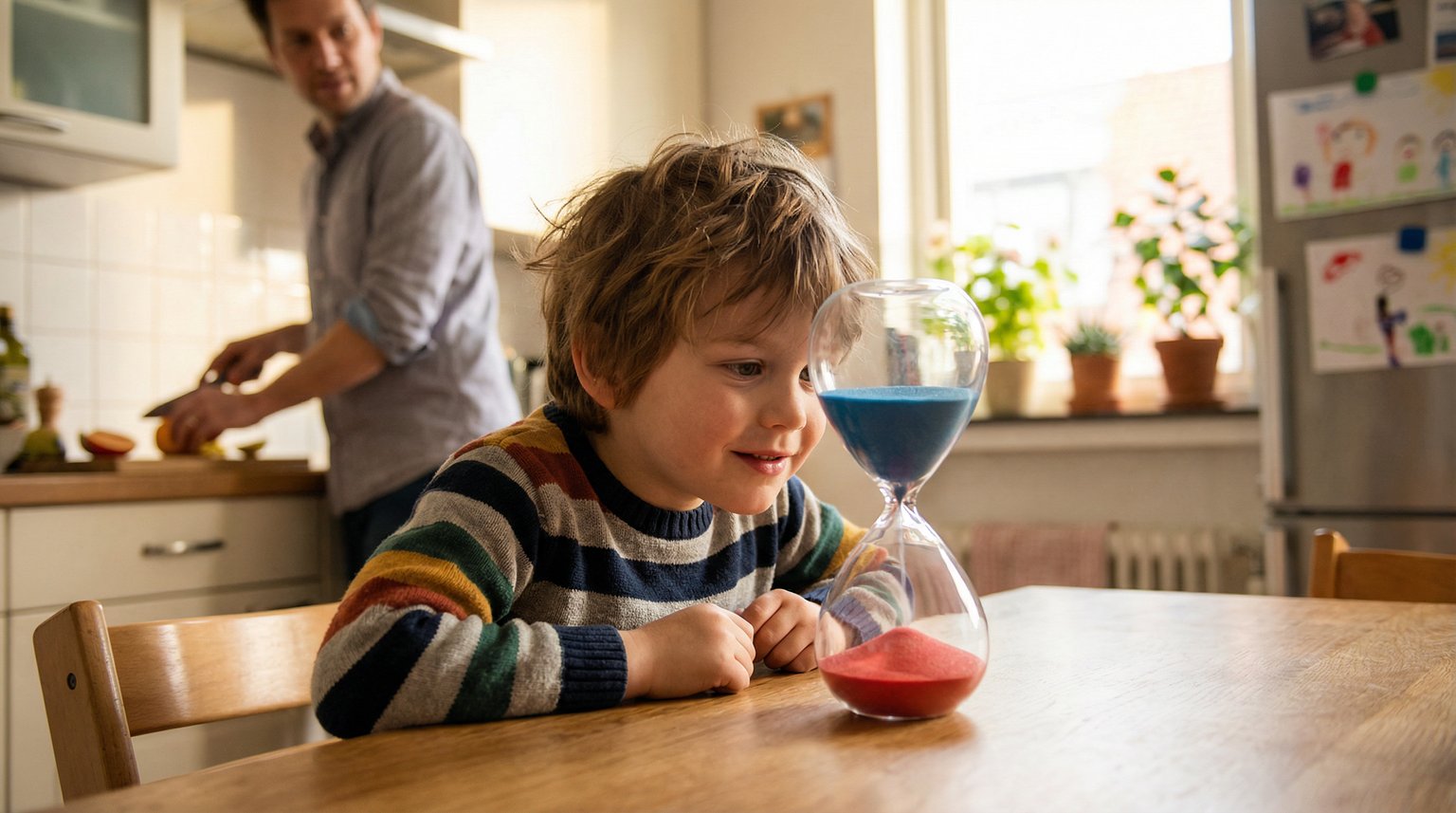 Young child watching colorful sand timer with focused attention while parent prepares snack in background