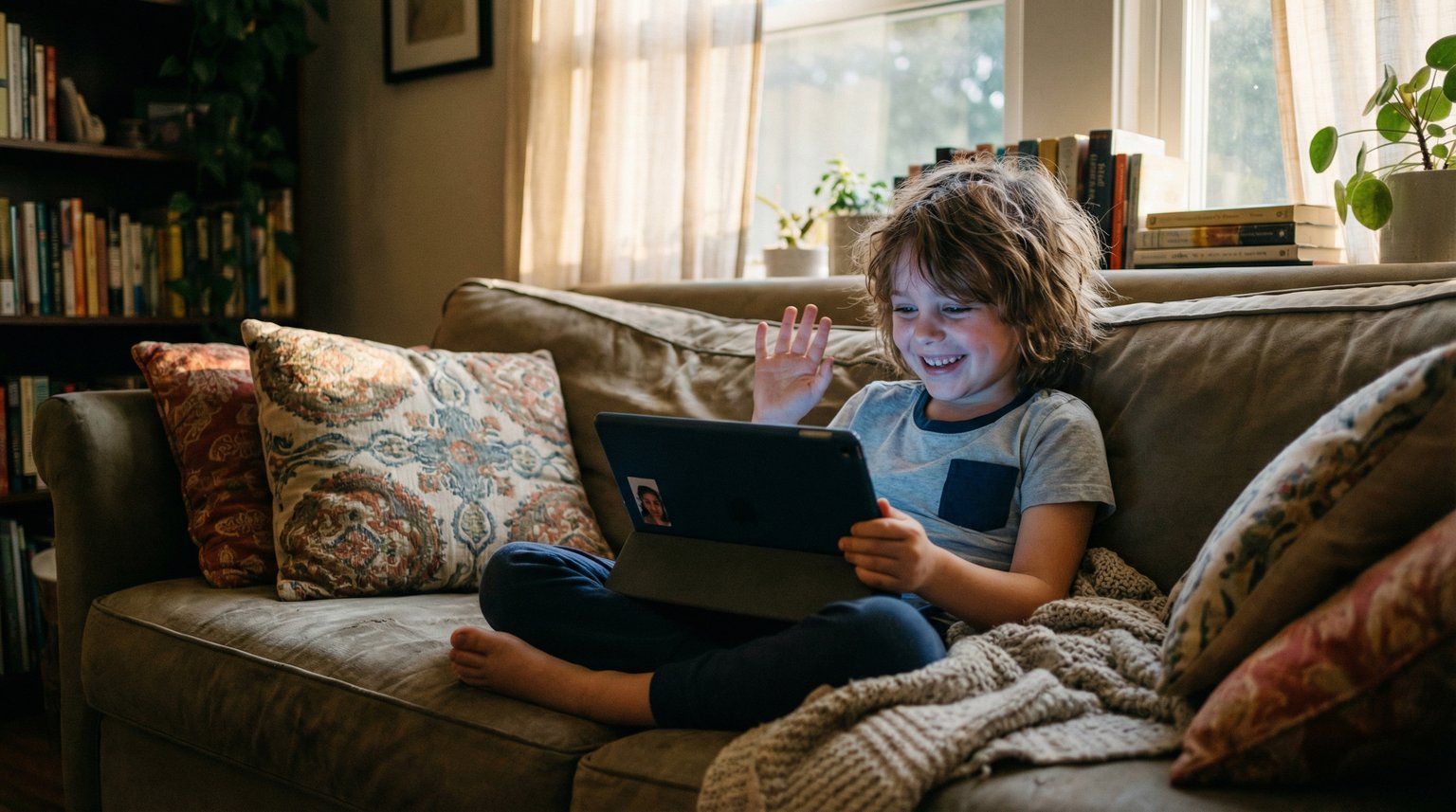 Young child sitting on couch holding tablet with mesmerized expression, screen glow reflected on face