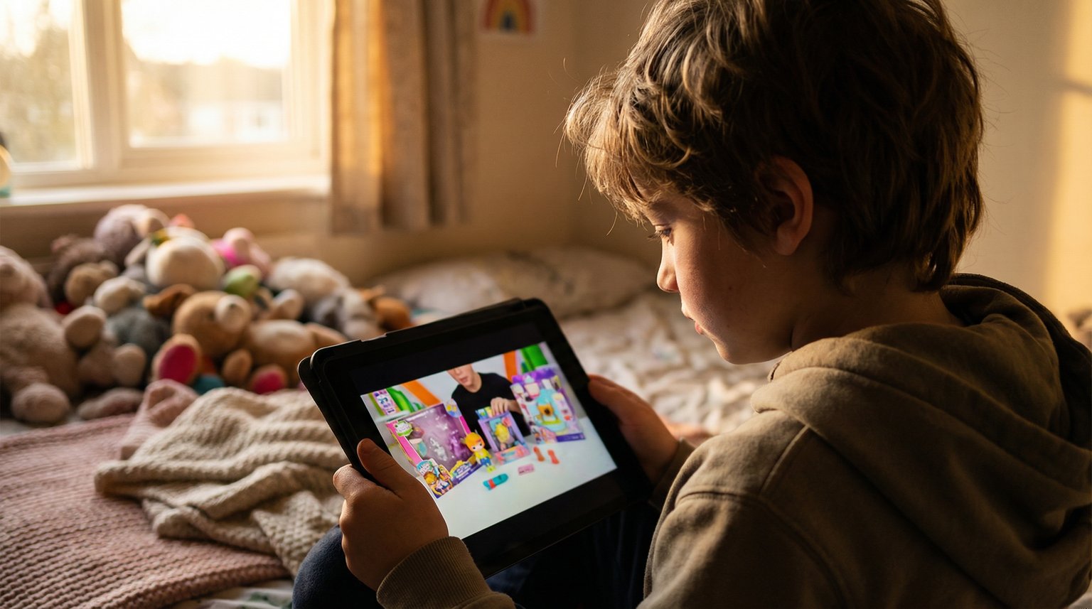 Child watching tablet screen showing colorful unboxing video with engaged fascination