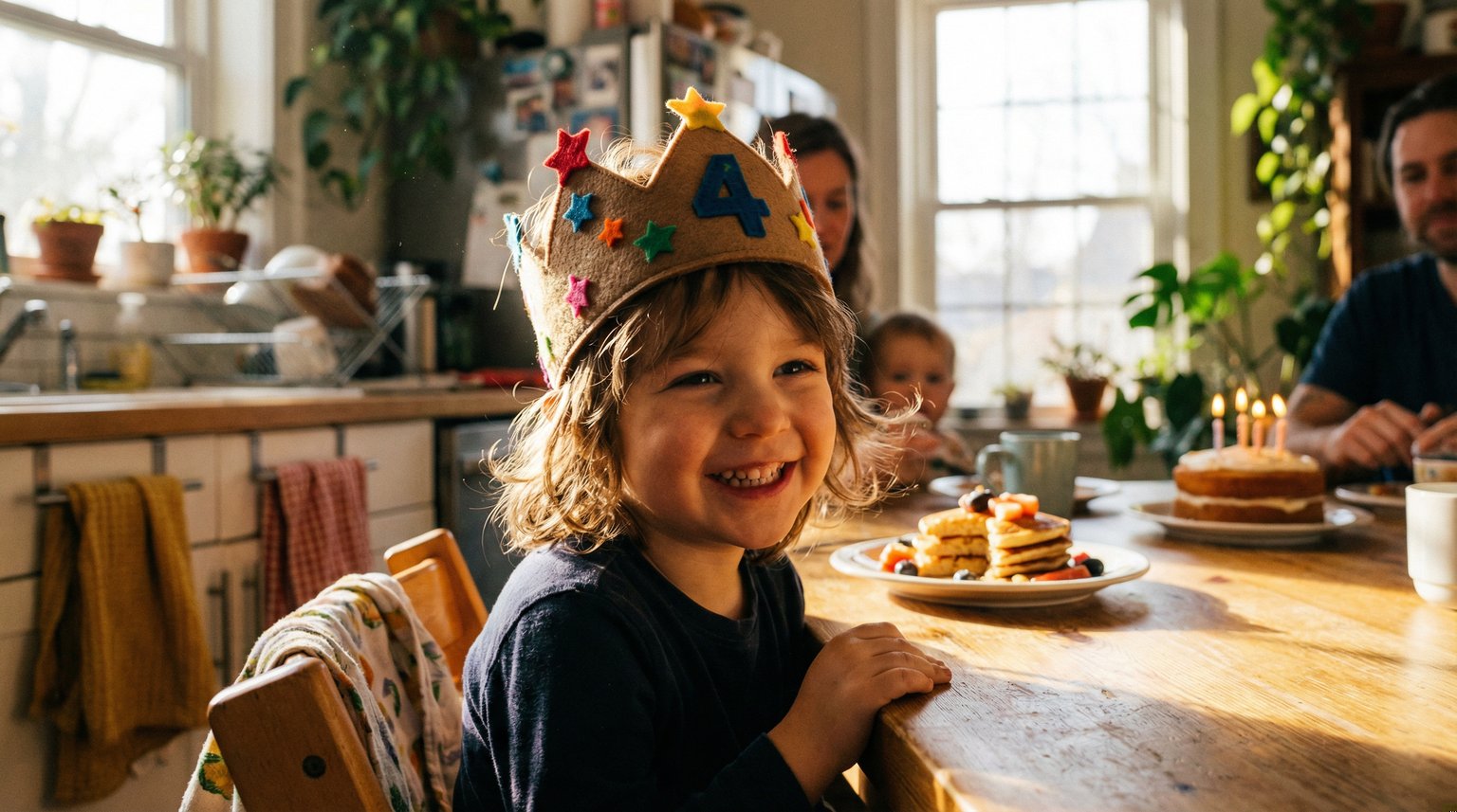 Preschooler beaming with pride wearing handmade felt birthday crown at sunny kitchen table