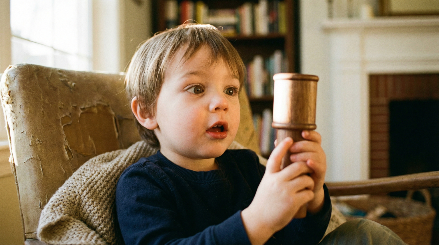 Close-up of young child's face showing wonder and focus while examining a single special toy