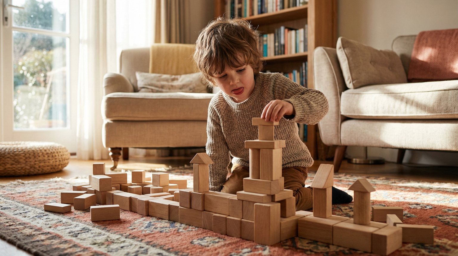 Five year old child focused on building creative asymmetrical structure with wooden blocks