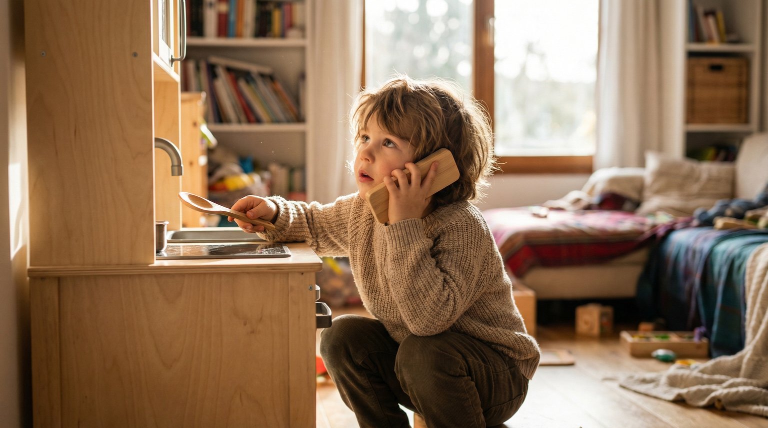 Preschooler absorbed in imaginative play at wooden kitchen whispering to invisible customers