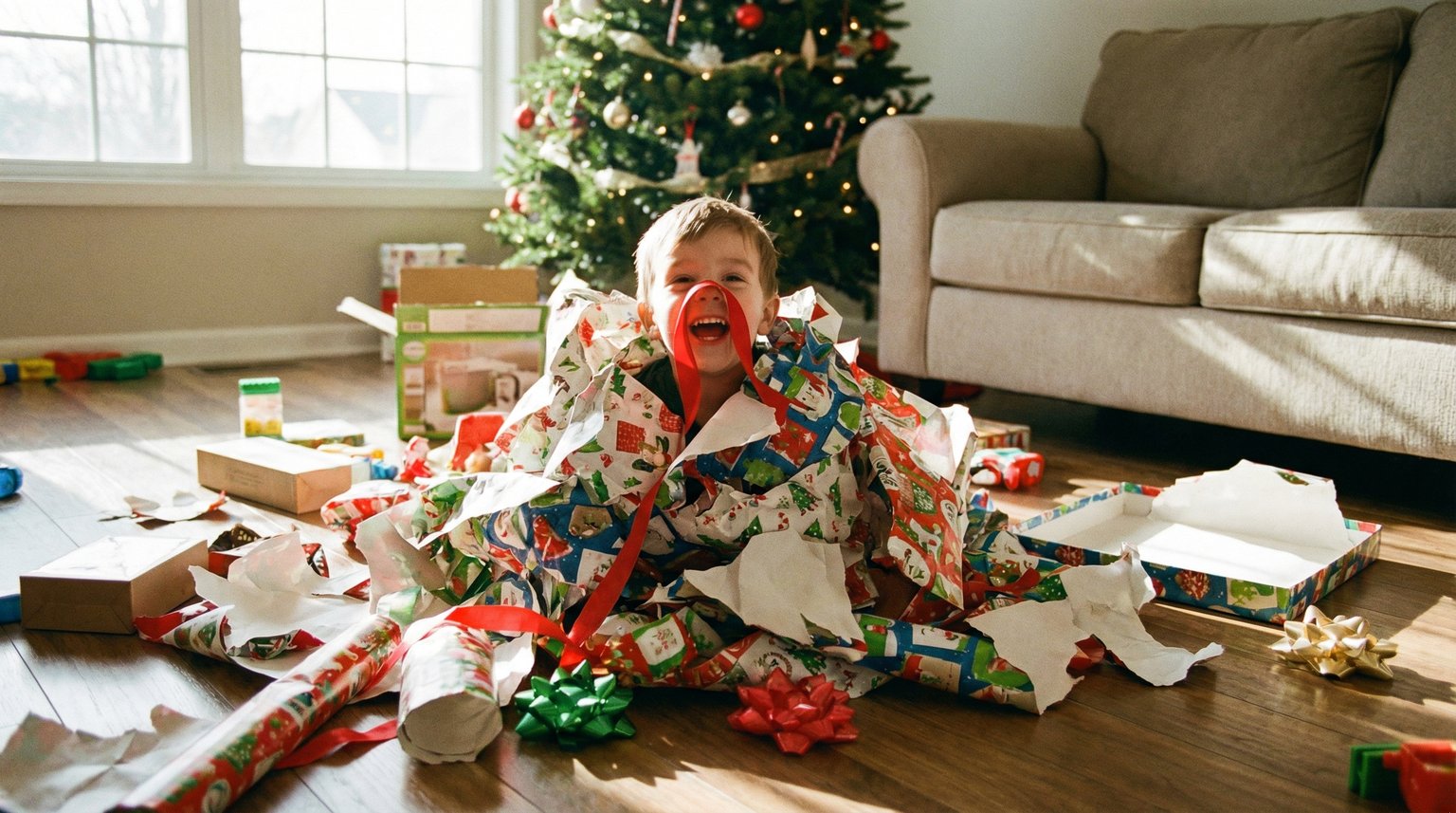 Young child playfully wrapped up in ribbon and wrapping paper laughing amid gift-opening chaos