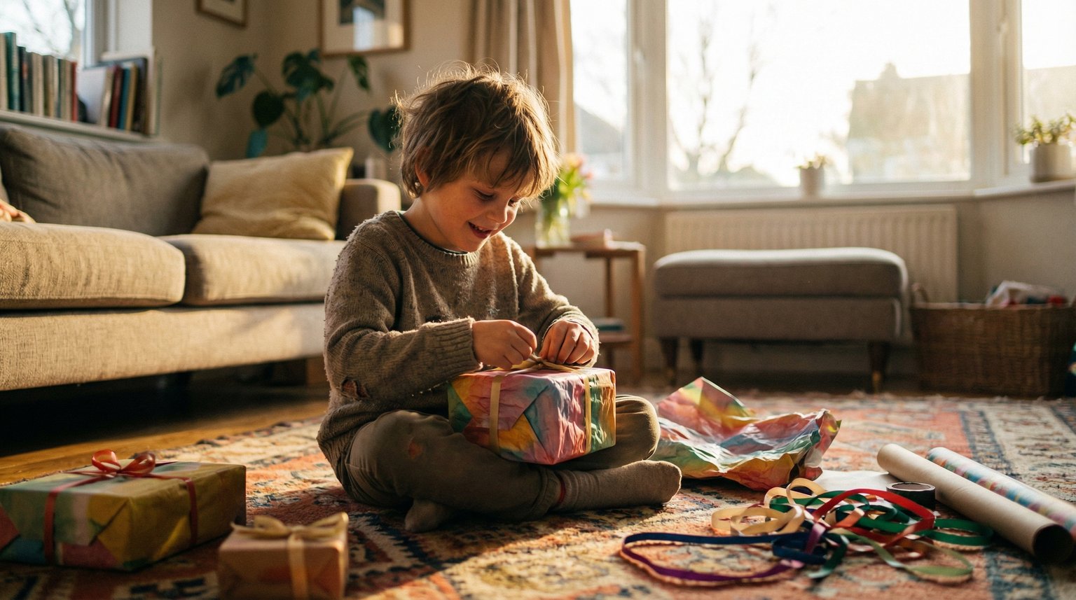 Young child sitting on rug carefully wrapping colorful gift with focused happy expression in sunlit living room