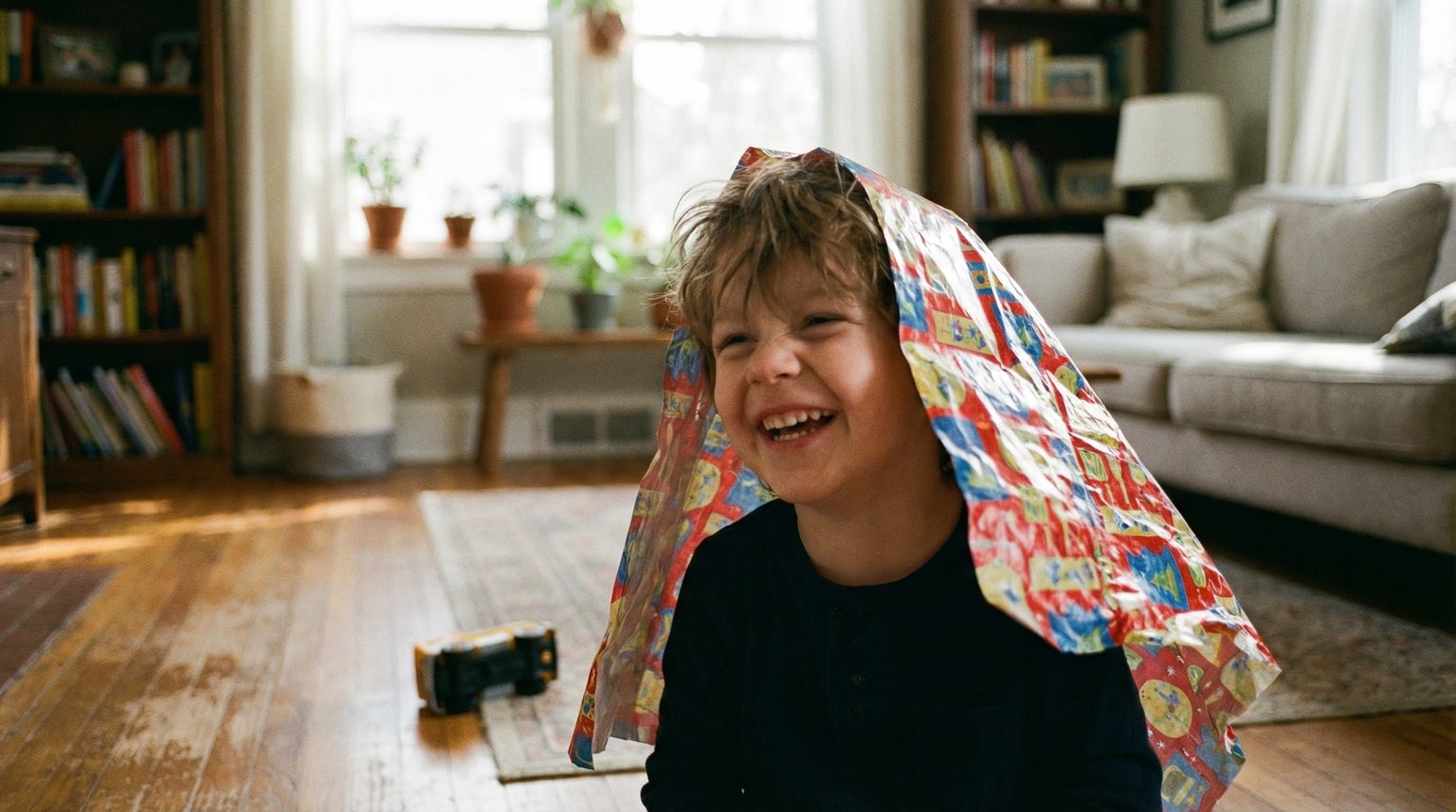 Young child laughing while holding colorful wrapping paper over head like a cape in warm morning light