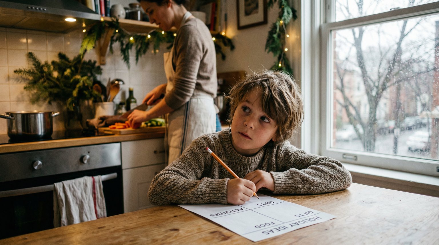 Child sitting at kitchen table writing on paper divided into four sections while parent prepares in background