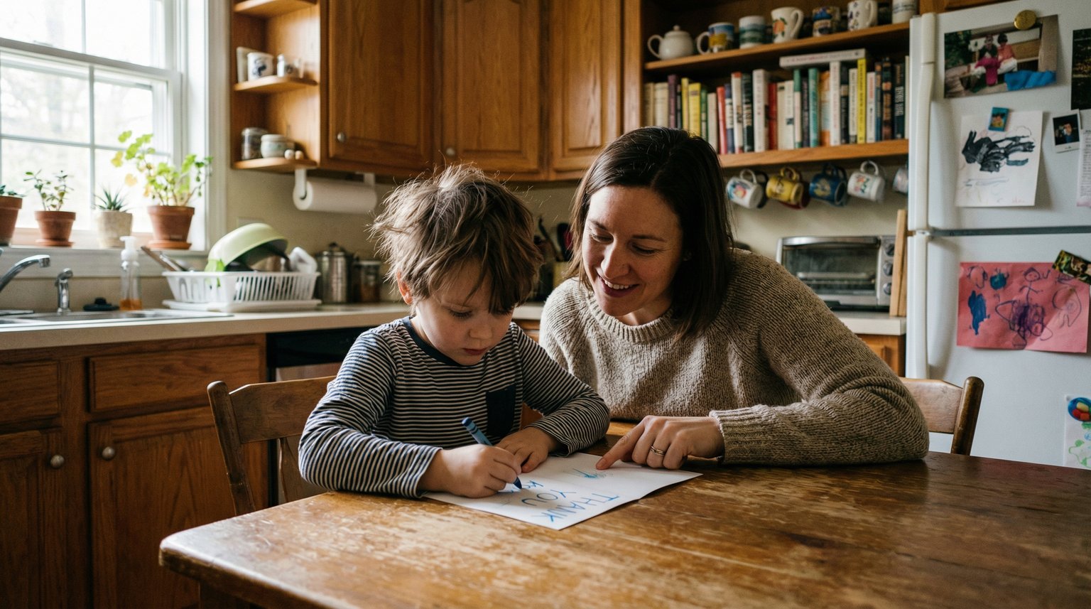 Young child at kitchen table carefully writing thank-you card with crayons while parent offers guidance