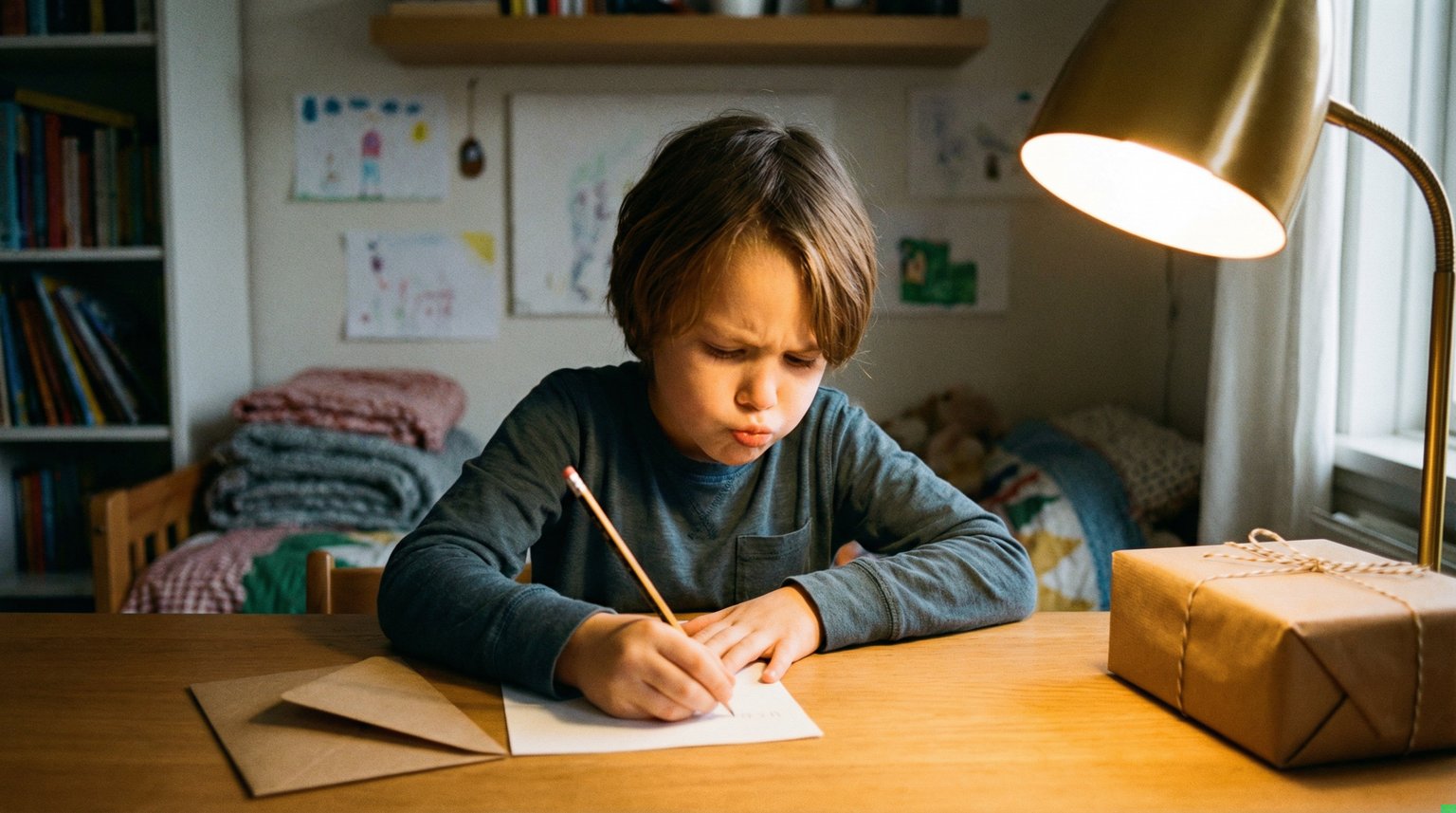 Seven-year-old carefully writing thank-you note at desk with wrapped gift nearby