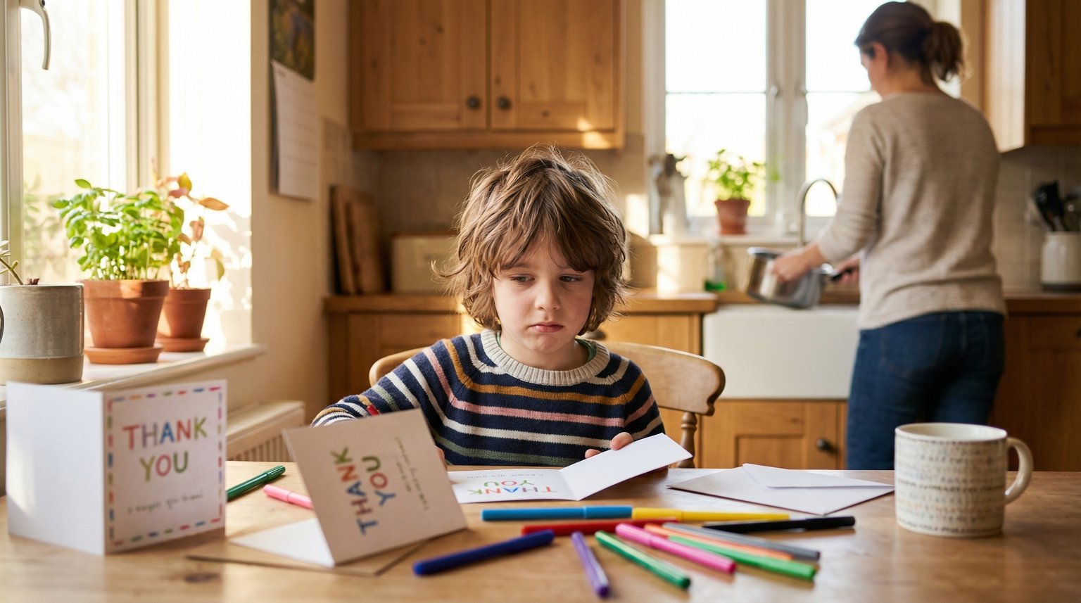 Seven-year-old sitting at sunny kitchen table with thank you cards and colorful markers, looking slightly reluctant while mom does dishes in background