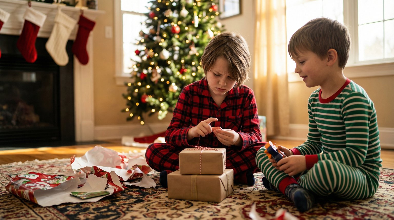 Two elementary-aged siblings sitting on floor counting and comparing Christmas gifts with focused concentration