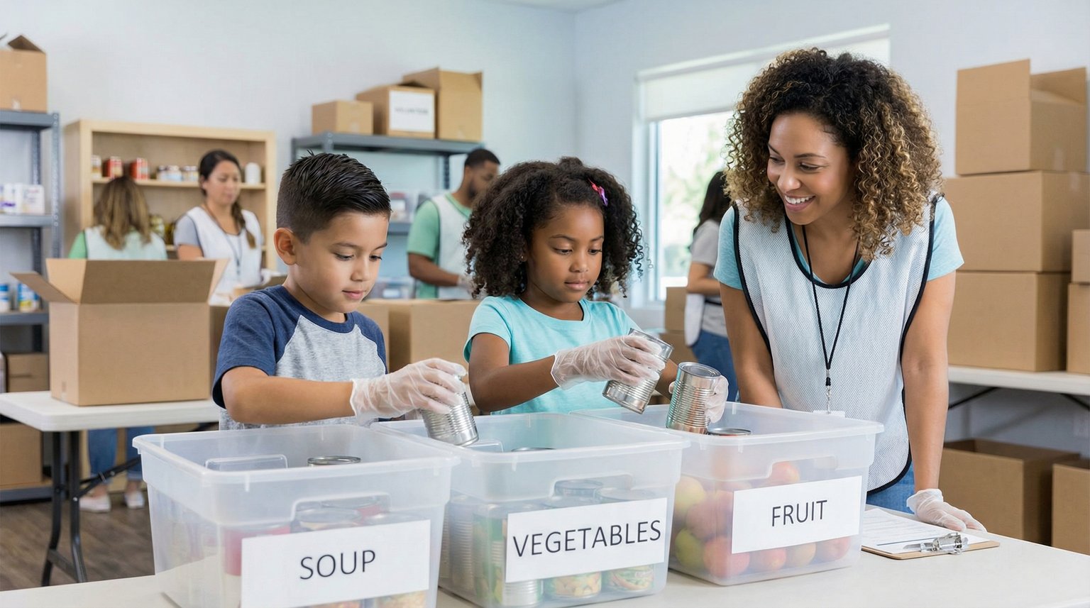 Elementary-age children sorting canned goods at food bank with parent supervising nearby