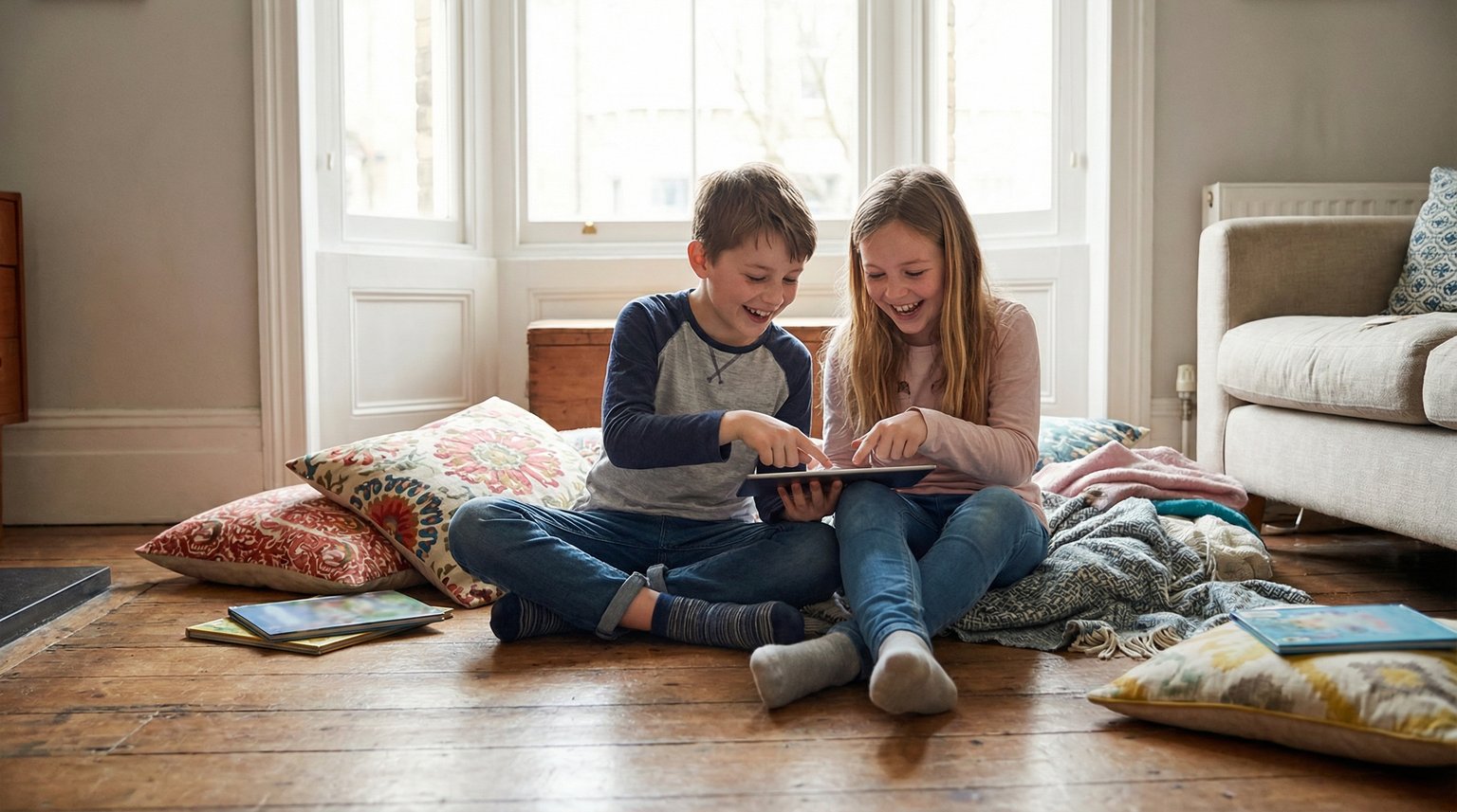 Two siblings around ages 8-10 sitting on living room floor excitedly discussing something on tablet