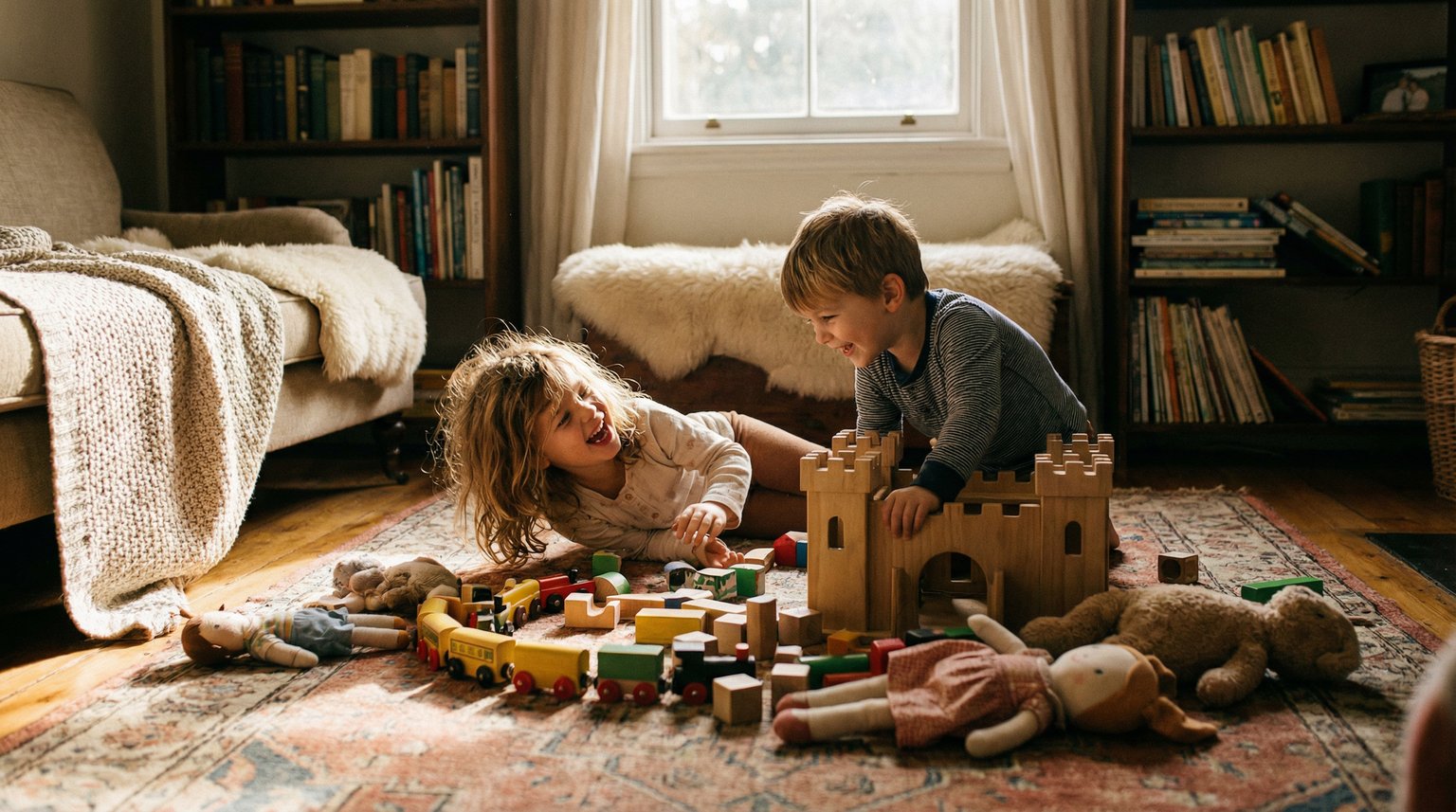 Two young children playing joyfully with wooden toys and fabric stuffed animals on living room floor
