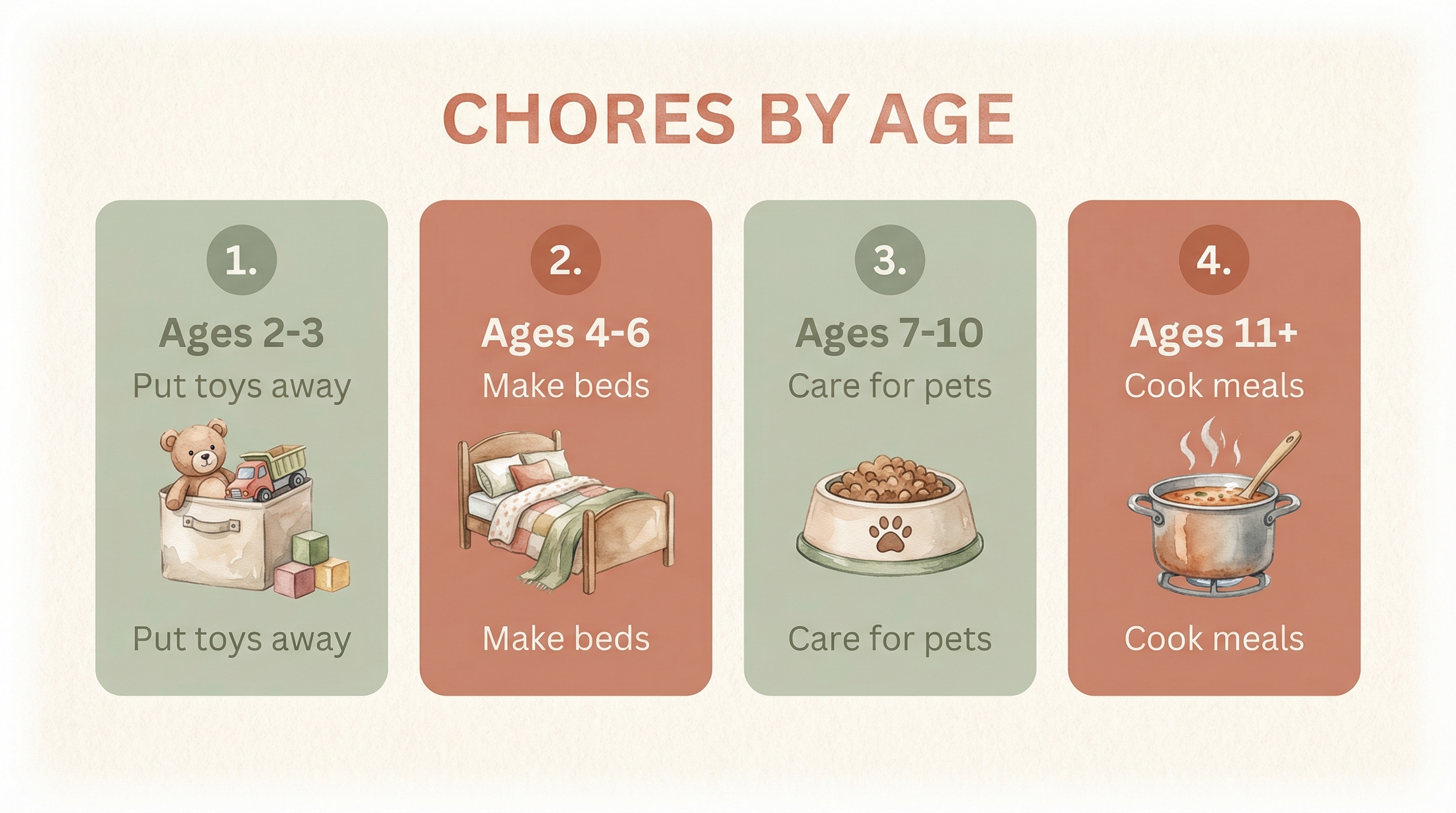 Four-step diagram showing age-appropriate chores from toddlers to teens