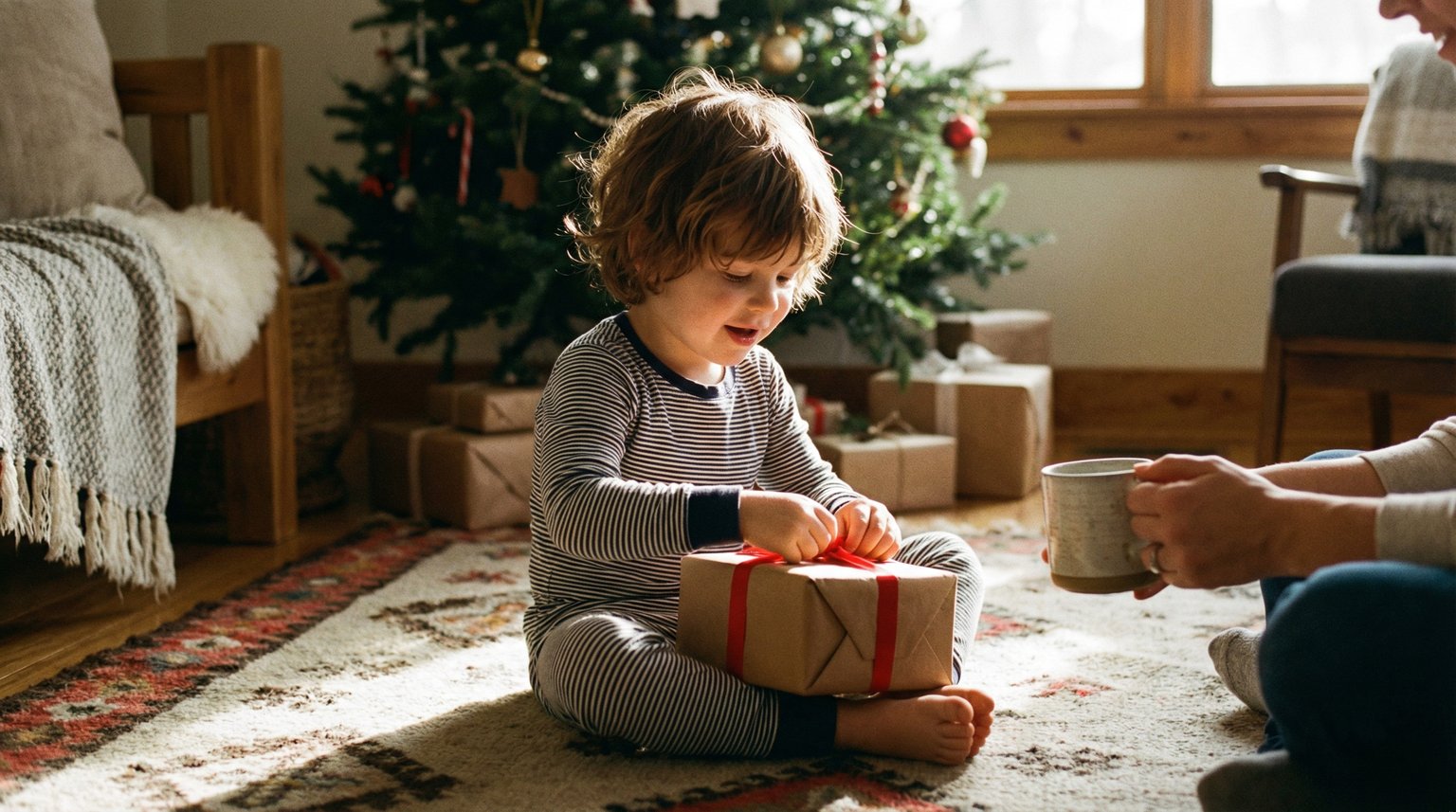 Young child sitting cross-legged on rug, completely absorbed in unwrapping a single gift with genuine wonder on Christmas morning