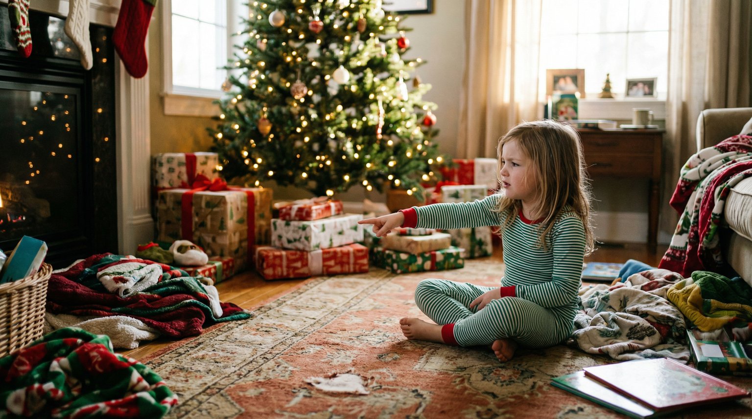 Preschool girl counting wrapped presents under Christmas tree with concerned expression