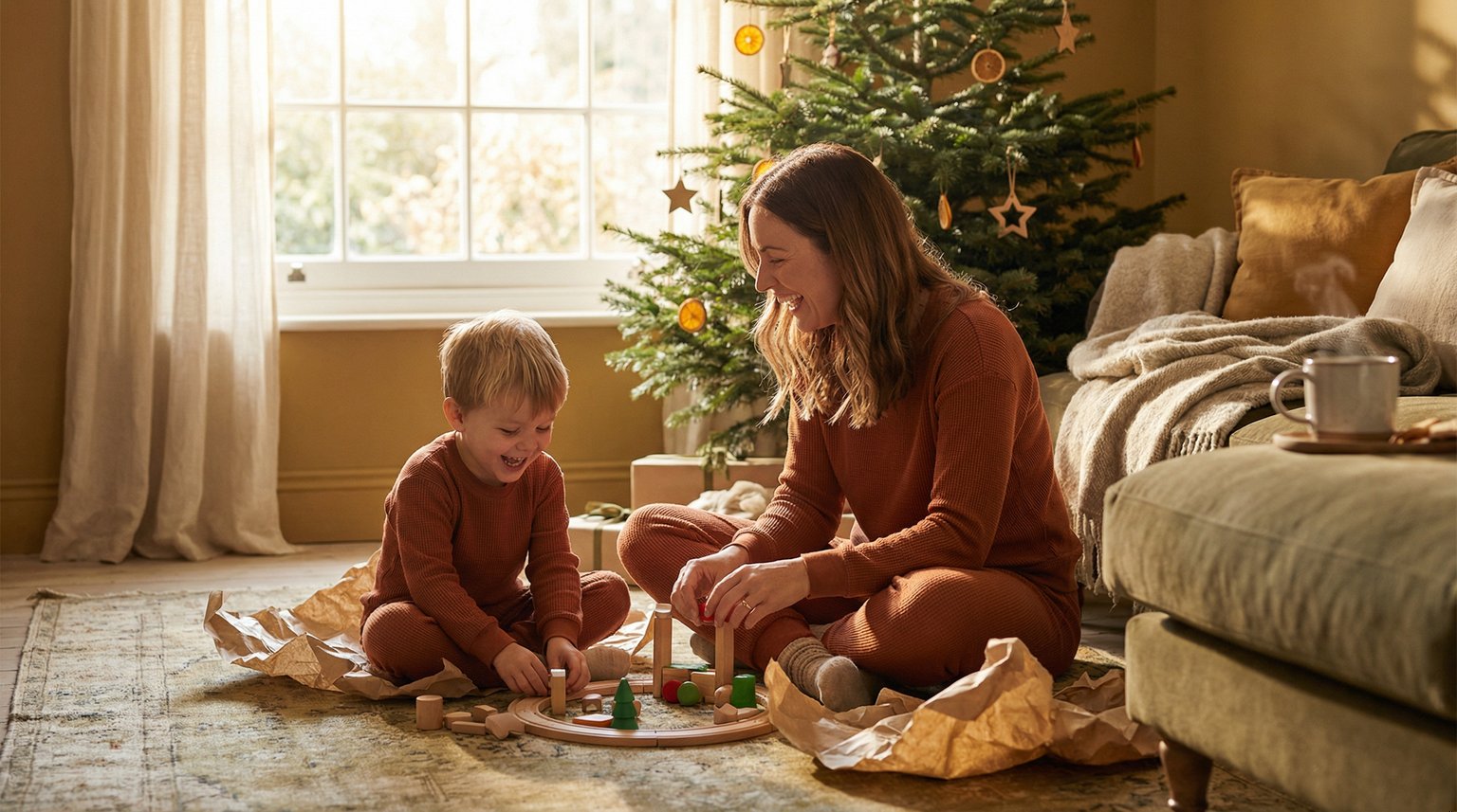 Parent and child in matching pajamas sitting together on floor playing with one opened gift on peaceful Christmas morning