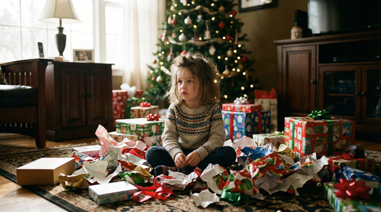Young child sitting among scattered wrapping paper on Christmas morning looking slightly overwhelmed by opened presents