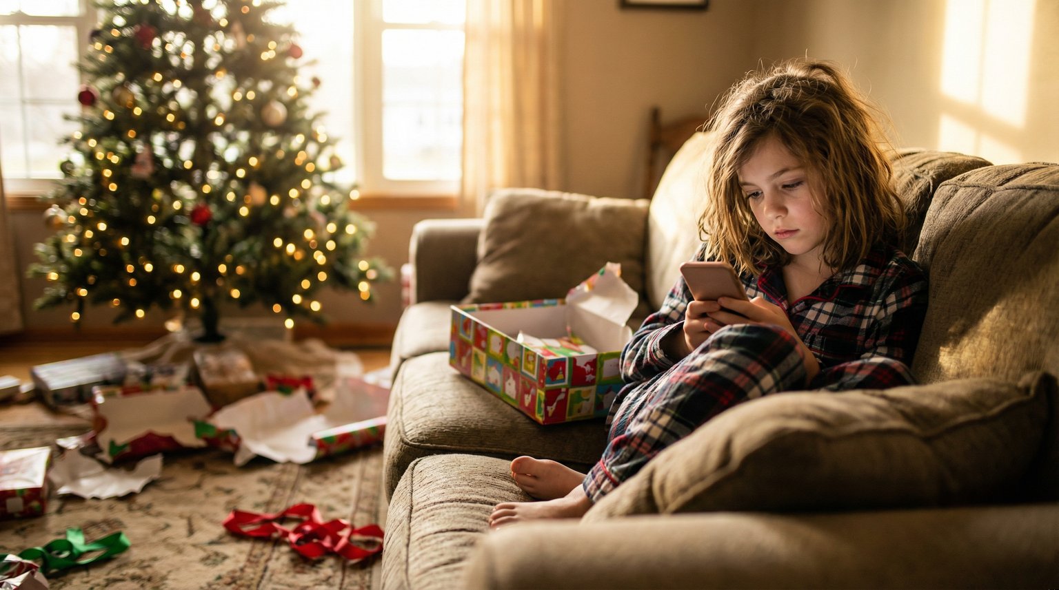 Tween girl in pajamas on Christmas morning looking at phone with half-opened gift forgotten beside her