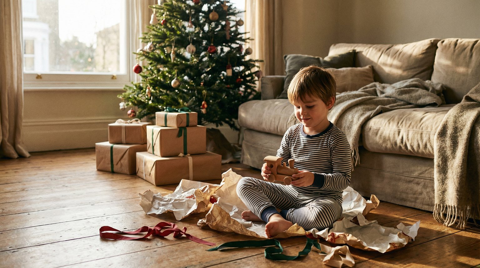 Young child sitting contentedly among four wrapped gifts on Christmas morning with soft light streaming through windows