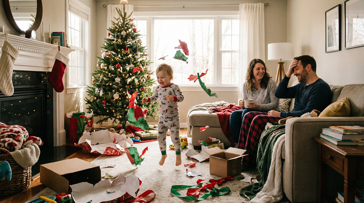 Young child sitting among scattered wrapping paper looking overwhelmed on Christmas morning