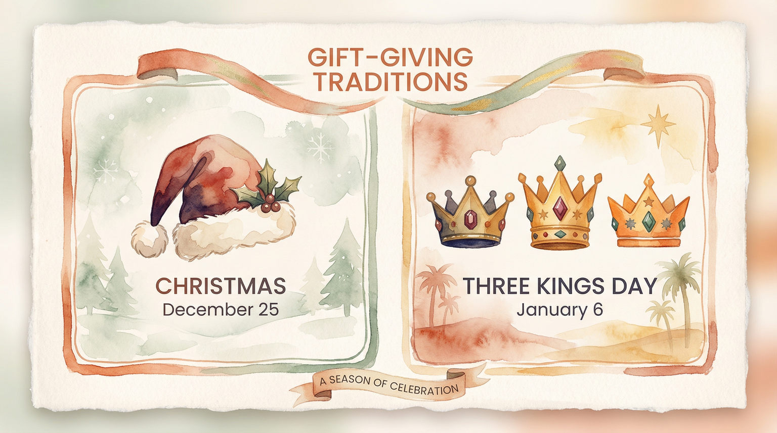Side-by-side comparison showing Christmas on December 25 and Three Kings Day on January 6