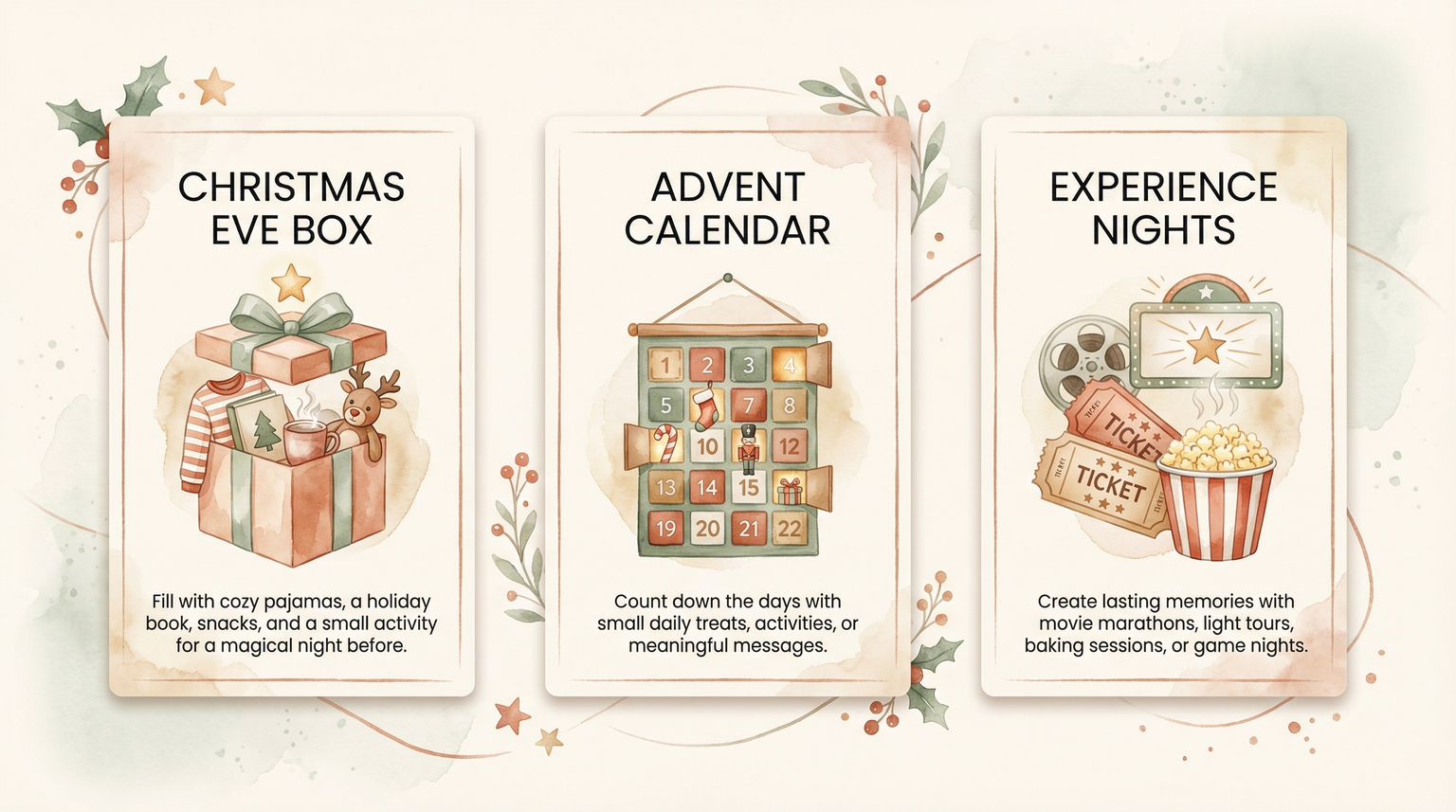 Three tradition ideas showing Christmas Eve Box, Advent Calendar, and Experience Nights